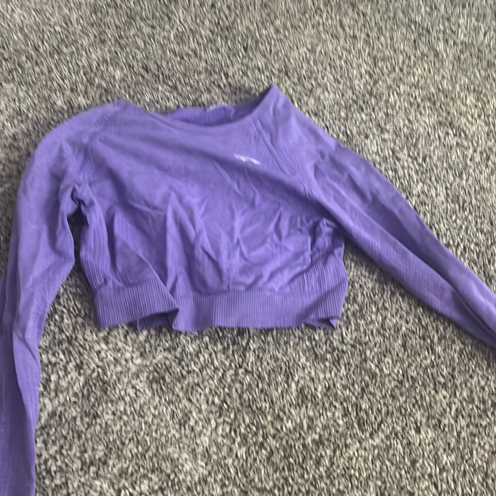 Purple gym shark cropped long sleeve workout top